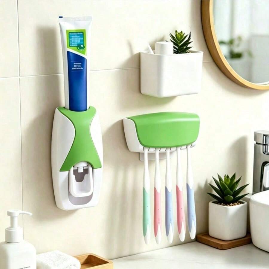 1pc Wall-Mounted Toothbrush Holder, No Drilling Required, Plastic Toothbrush Organizer, Bathroom Accessories - Hijau - View 1