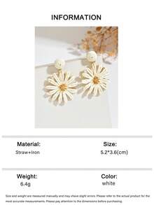 一对手工编织拉菲草白色雏菊耳环，波西米亚风时尚优雅拉菲草向日葵耳环，适合女性日常、海滩、派对佩戴 - 白色 - 查看 6