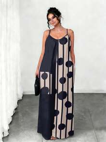 Whisplicity Curvy Grace Plus Size Women's Elegant Sexy Black & Apricot Tropical Plant Gradient Vacation Style Jumpsuit, Sleeveless Long Jumpsuit Casual Summer - Black - View 3