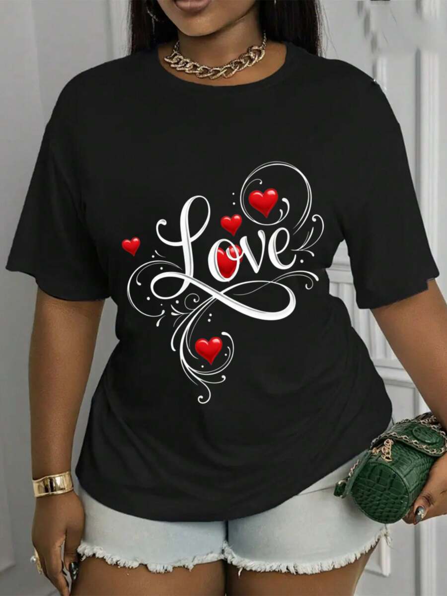 Mexican Casual Short-Sleeve T-Shirt With Round Neck And 'Love' Print. Loose Fit With Moderate Stretch. Machine Washable. Suitable For Spring, Summer, And Fall. Casual Wear. Stretchy Fabric. Cotton T-Shirt. Summer Fashion. Summer Fashion - 黑色 - 查看 1