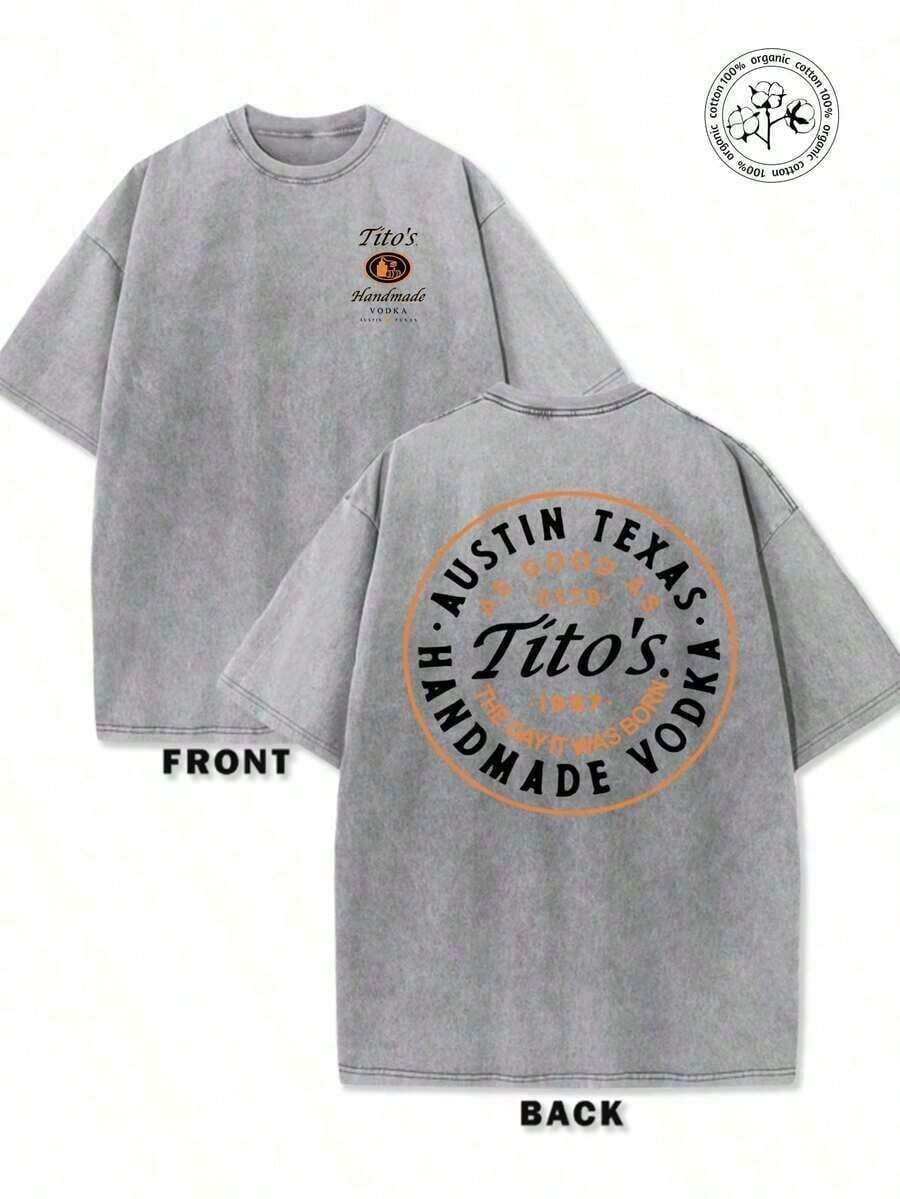 1pcs230g Washed And Used T-Shirt, Front Tito's Handmade Vodka Logo, Back With "AUSTIN TEXAS Tito's HANDMADE Vodka" Circular Text And Brand Logo, Tito's Vodka Theme180gMen's Minimalist Washed Short Sleeve Daily TeeOversized Unisex Vintage-Inspired Distressed T-Shirt, Perfect For Pairing With Jeans, Summer Clothing - 灰色 - 查看 1
