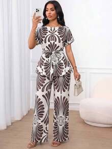 Lady Conjunto de dos piezas de mujer con top de manga corta y pantalones rectos sueltos, de unicolor, tela jacquard casual y elegante, cintura suelta y bajo en A. Apto para usar en primavera, verano y otoño. Atuendos de oficina, de vuelta al colegio, de iglesia, de salida y modestos para el aeropuerto. - Multicolor 2 - Ver 7