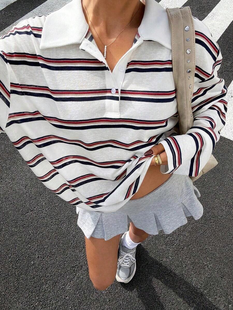 Camiseta de manga larga minimalista de estilo casual urbano para mujer, estampado a rayas, moda urbana, estilo retro americano - Multicolor 8 - Ver 1