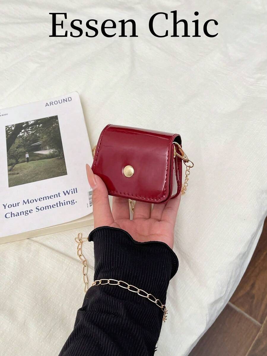 1pc Wine Red Mini Square Crossbody Coin Purse, Fashionable Minimalist Solid Color PU Leather, Spring New Arrival - Burgundy - View 1