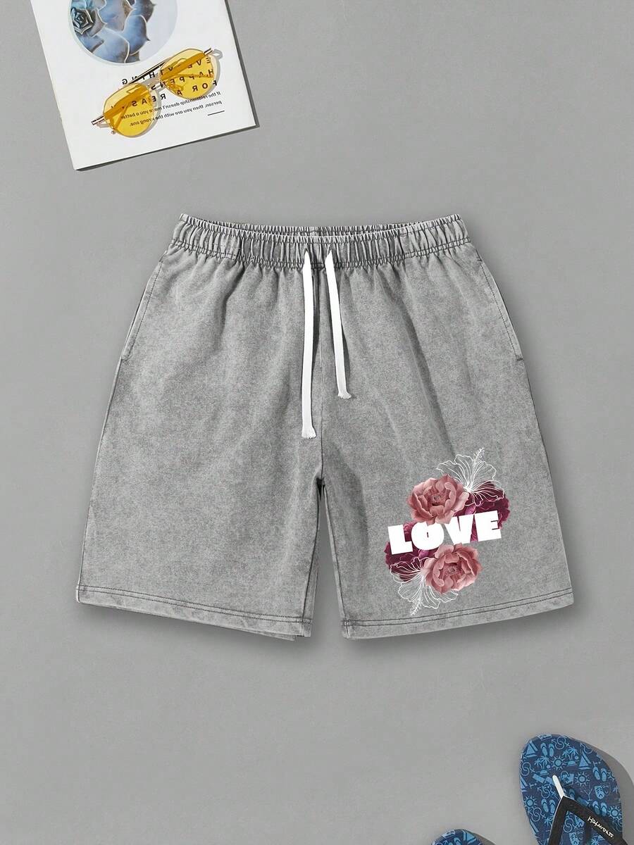 100% Pure Cotton Casual Shorts, LOVE And Floral Print - Loose Fit With Elastic Drawstring Waistband, Machine Washable Unisex Basketball Sports Shorts, A Comfortable Daily Gift - Vintage Street Style Unisex Loose Cotton Short Sleeve Crew Neck T-Shirt - 的 - 查看 1
