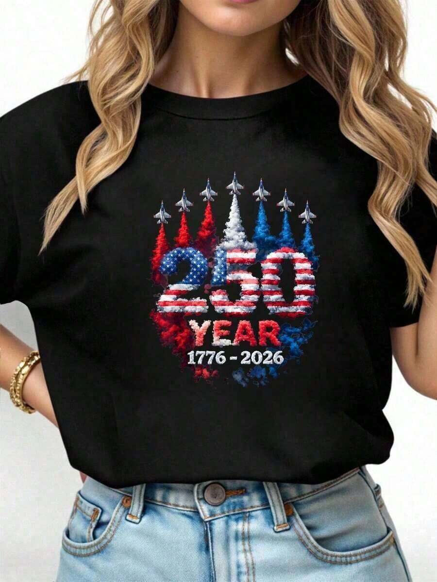 Camiseta Unisex 100% Algodón con Estampado Patriótico de la Bandera Americana para el 250 Aniversario de la USA - Camiseta de Manga Corta con Cuello Redondo Transpirable y Cómoda - Negro - Ver 1