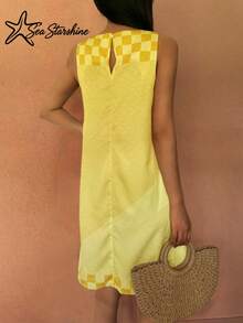 Đầm không tay phong cách Bohemian Sea Starshine mùa hè, thoải mái, thích hợp cho kỳ nghỉ, đi biển, du lịch, họa tiết lá và chữ cái hình quả chanh, phối tương phản, thích hợp cho bữa ăn trưa. - Màu vàng - Xem 3