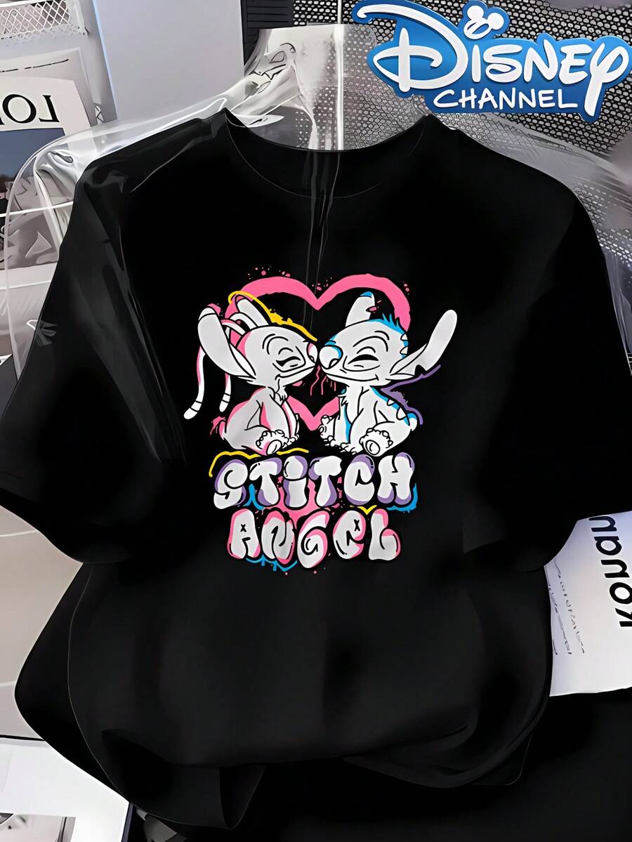 Officially Licensed By Disney, New Women's Casual Ribbed Crew-Neck Short-Sleeved T-Shirt Featuring A Stitch And Lilo Wearing Fashion Glasses. A Versatile, Retro-Style T-Shirt Perfect For Spring And Summer, Offering Breathability. - Black - View 1