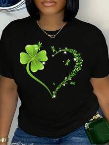 Plus Size T-Shirt With Clover And Heart Print, Fitted Cut And Round Neck - Spring-Summer Top For Women Available In Plus Sizes. - Black - View 7