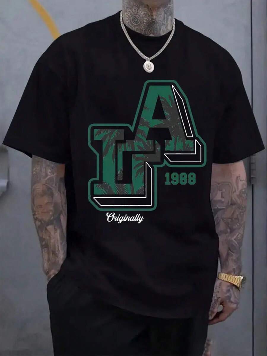 Camiseta de Hombre Talla Grande 100% Camiseta de Hombre con Estampado de Letras a la Moda, Diseño de Palma y Elementos 1988, Cómoda, Casual, de Manga Corta para el Verano - Negro - Ver 1
