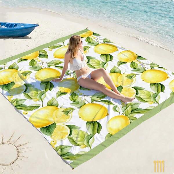 1pc Refreshing Watercolor Lemon Extra Large Quick-Dry Beach Blanket, Suitable For 1-3 Adults - Lightweight, Durable Polyester Fabric - Perfect For Travel, Camping, Hiking And Leisure Beach Time, Beach Mat, Camping Ground Cover