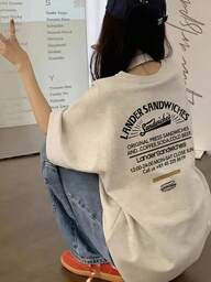 レディース カジュアル ラウンドネック ルーズフィット レター&カートゥーン フード プリント 半袖Tシャツ、和風、春夏