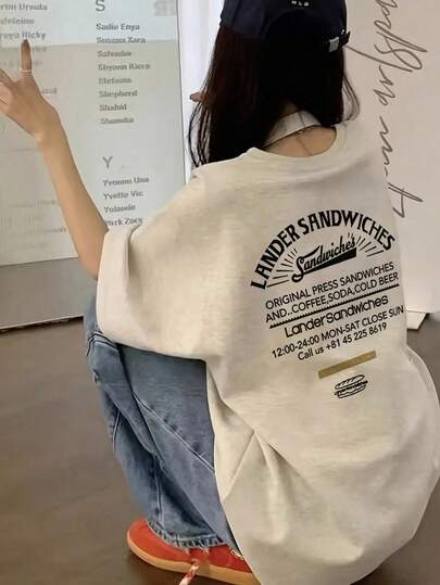 レディース カジュアル ラウンドネック ルーズフィット レター&カートゥーン フード プリント 半袖Tシャツ、和風、春夏