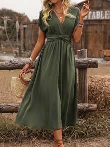 Vestido midi de manga abullonada con escote cruzado, cintura fruncida y espalda retorcida en estilo bohemio occidental casual para primavera/verano de mujer - Verde militar - Ver 8