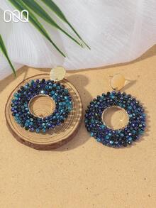 OOQ 1 Pair Bohemian Style Hollow Round Beaded Earrings, Geometric Personalized Design Elegant Minimalist Sexy Earrings, Suitable For Daily Matching, Great Gift For Friends (Handmade Beads Color, Quantity And Position Are Random) - Blue - View 3