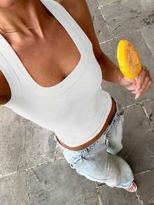Camiseta sin mangas cuadrada Floreya para mujer, top casual de verano de ajuste ceñido sin mangas para capas, sencillo pero elegante, estilo deportivo, versátil para todas las estaciones en color blanco - Blanco - Ver 1