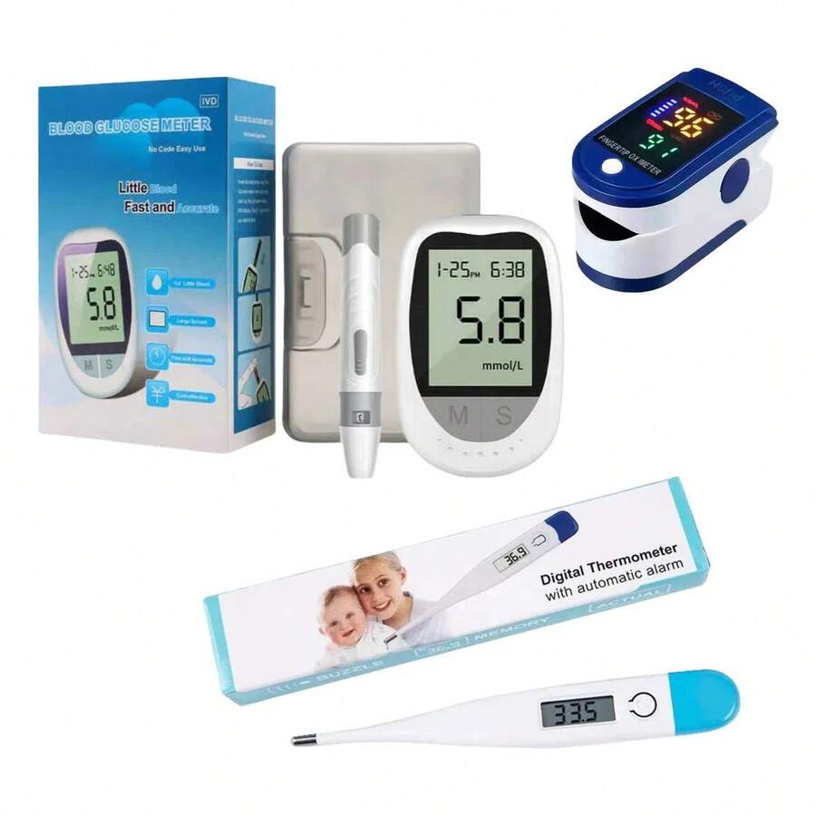 Complete Health Set: Digital Glucometer + Oximeter + Thermometer Kit - ALPS-GRAY - View 1