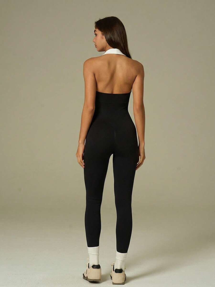 UONNOU Women's Color Block Halter Backless Jumpsuit, Ultra Soft High Elastic Peach Butt Lifting Seamless Fitted One Piece Gym Bodysuit - Black - View 1