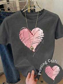 Women's Casual Short Sleeve T-Shirt With Round Neck And Pink Heart Print - 深灰色 - 查看 2