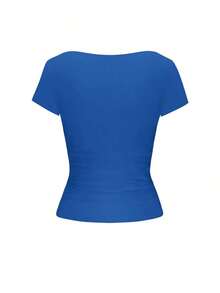 Blusa ajustada y sexy de punto para mujer , camiseta casual de cuello cuadrado de unicolor, primavera/verano - azul real - Ver 4