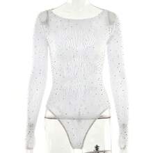 Rhinestone Sheer Mesh Lingerie Costume Set, Sparkling Hot Drill Decor Design, Pure Aesthetic See Through Perspective Style, Elegant Dance Performance Outfit, Soft Stretchy Skin Fabric, Seductive Fitted Tailored Cutting, Glamour Shiny Rhinestone Accents, Flirty Boudoir Tempting, Multi Purpose Themed Uniform Wear, Lightweight Breathable Daily Loungewear, Romantic Intimate Bedroom Attire,  Stylish Stage And Lounge Costume For Women - T330白色簡裝 - 查看 1