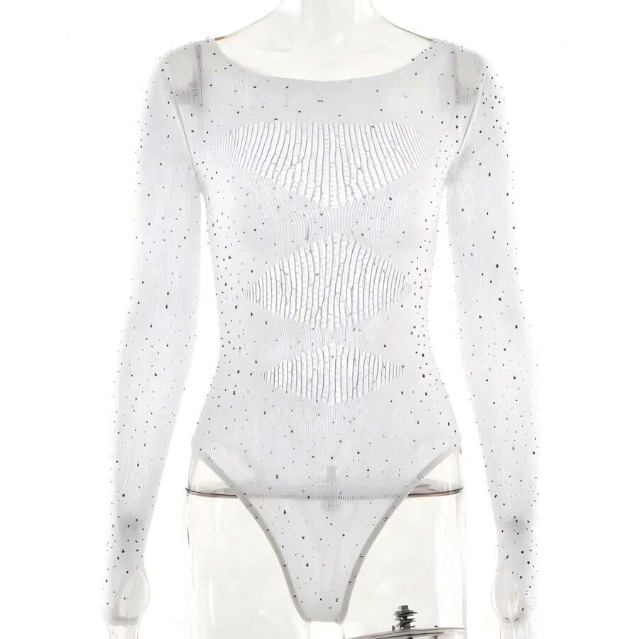 Rhinestone Sheer Mesh Lingerie Costume Set, Sparkling Hot Drill Decor Design, Pure Aesthetic See Through Perspective Style, Elegant Dance Performance Outfit, Soft Stretchy Skin Fabric, Seductive Fitted Tailored Cutting, Glamour Shiny Rhinestone Accents, Flirty Boudoir Tempting, Multi Purpose Themed Uniform Wear, Lightweight Breathable Daily Loungewear, Romantic Intimate Bedroom Attire, Stylish Stage And Lounge Costume For Women - T330白色簡裝 - 查看 1