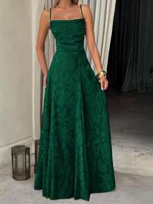 Vestido de verano sexy y elegante para mujer de Unadoll, con cinturón de cordón en la cintura y diseño sin espalda, hecho de tela jacquard, adecuado para vacaciones, playa, citas, vuelta al colegio, bodas, fiestas y otras ocasiones - Verde Oscuro - Ver 1