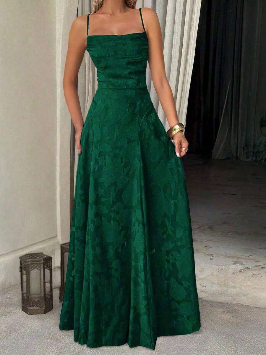 Vestido de verano sexy y elegante para mujer de Unadoll, con cinturón de cordón en la cintura y diseño sin espalda, hecho de tela jacquard, adecuado para vacaciones, playa, citas, vuelta al colegio, bodas, fiestas y otras ocasiones - Verde Oscuro - Ver 1