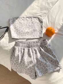 Conjunto de top bandeau corto con estampado floral y shorts casuales para vacaciones de mujer - Multicolor 5 - Ver 1