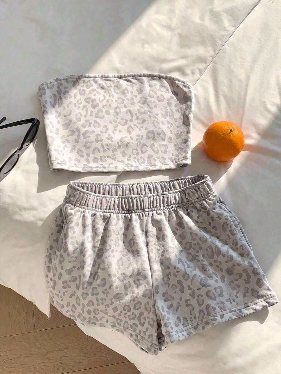 Conjunto de top bandeau corto con estampado floral y shorts casuales para vacaciones de mujer - Multicolor 5 - Ver 1