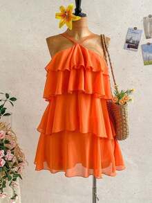 Nuevo vestido elegante y romántico para invitados de boda, de unicolor, con espalda descubierta, multicapa con volantes de gasa, minivestido, adecuado para estilo bohemio, boho, flores románticas, vacaciones, fiestas florales, citas, San Valentín, - Naranja Coral - Ver 1