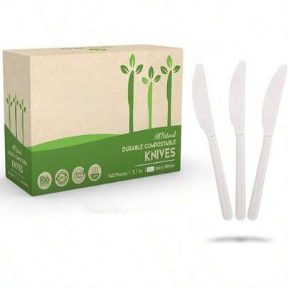 140 Pack 7 Inch Compostable Knives 100% Durable Heat Resistant Disposable Utensils With Tray