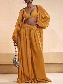 Conjunto de bata y pantalones de pierna ancha de unicolor para mujer, conjunto informal de cubrecuerpo para resort - Amarillo - Ver 6