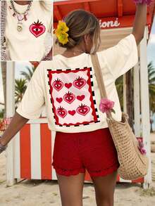 DrmWander Women's Spring & Resort Vacation Wear, Cute Spring Graphic Tees, Heart Print Shirt, Short Sleeve Graphic Tee - Vintage Street Style Unisex Loose Cotton Short Sleeve Crew Neck T-Shirt, Women's Blouses, Women's T-Shirts, Casual Blouses For Ladies - 杏 - 查看 7