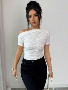Camiseta sencilla y de moda de manga corta, ajustada y hombros descubiertos de unicolor para mujer - Blanco 5 - Ver 6