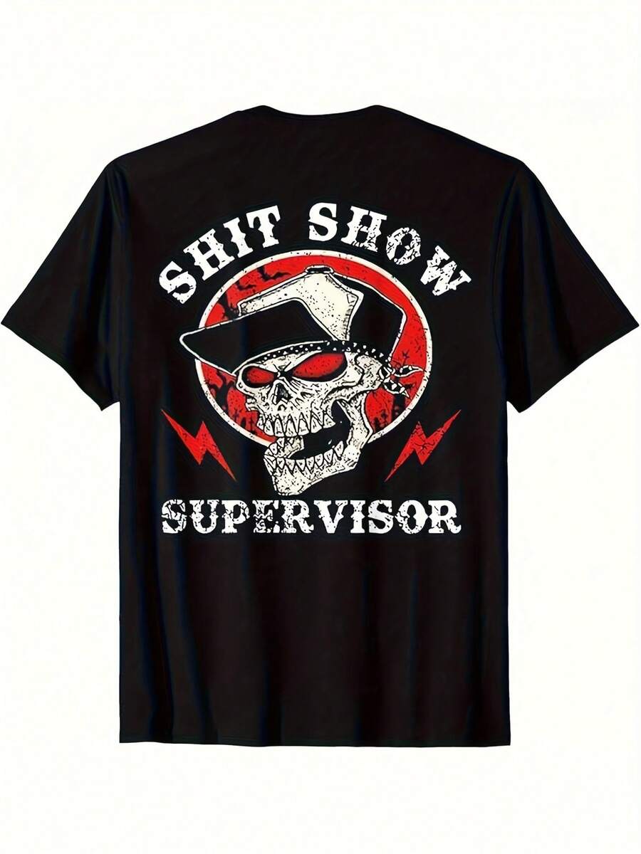 Camiseta de hombre con diseño de esqueleto para todas las estaciones corte holgado cuello redondo manga corta con un diseño vanguardista de calavera y rayo adecuada para uso casual diario playeras de hombre ropa de hombre - Negro - Ver 1