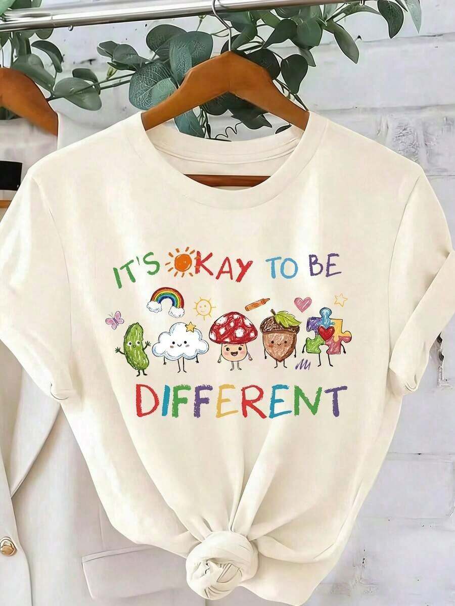 Camiseta "Está bien ser diferente", regalo de neurodiversidad, camiseta de educación especial, camisetas de maestros de CAA, camiseta gráfica estampada, top casual de manga corta para mujer Ropa deportiva estilo Y2K, cuello redondo, 100% algodón, tejido suave, manga corta. - Albaricoque 3 - Ver 1