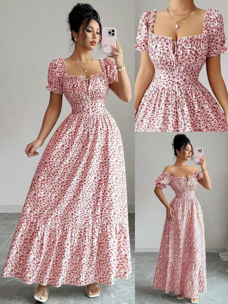 vestido de mujer con estampado digital, mangas abullonadas, nudo delantero, espalda descubierta y cintura ceñida.Elegante y chic para vacaciones, citas, estilizador y adelgazante - Rosado Sandía - Ver 1