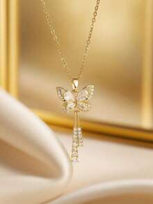 1 Piece Of Elegant Butterfly Pendant With Tassels, Gold Plated, Crystal Chain, Sparkling Cubic Zirconia, Suitable For Young Women, Accessory, Birthday Or Valentine's Day Gift. - 蝴蝶流蘇項鍊,全身鑲嵌鑽石和微鑲寶石 - 查看 4