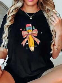 1 Piece Of Women's T-Shirt, Fashionable Cool Casual Crew Neck T-Shirt With Printed Letters, Women's Sweater Clothing For All Seasons (Spring, Summer, Autumn, Winter), Suitable For Sports/Beach/Street/Party, As A Gift For Him/Her, Friends - 180g And 100% Cotton (S-3XL, Local Shipping) - 黑色鉛筆 - 查看 11