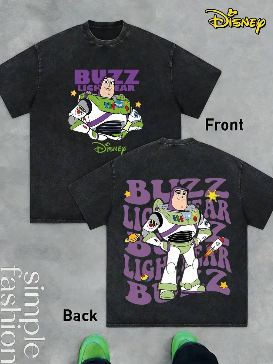 Disney BUZZ LIGHT YEAR Street Life Unisex Casual Loose Buzz Lightyear Classic Image Cartoon Printed Short Sleeve T-Shirt Summer - 黑色 - 查看 1