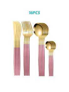 Juego de 16 piezas de cubiertos minimalistas de acero inoxidable de dos tonos aptos para lavavajillas - - - Ver 7
