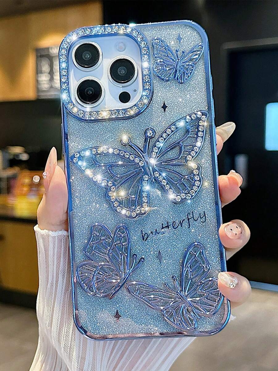 1个高端新款渐变闪粉电镀3D水钻蝴蝶全包防摔手机壳，适用于 17/16/15 Pro Max、14 Plus（闪粉水钻款）、13（时尚奢华款）、12（简约保护款） - 藍色 - 查看 1