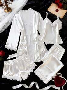 5pcs Solid Satin & Lace Patchwork Pajama Set, Including Long Sleeve Robe, Camisole, Shorts, Pants And Belt, Elegant Women Sleepwear Loungewear, Autumn/Winter - White - View 3