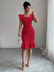 Vestido elegante de jacquard de cuello cuadrado y manga corta para uso diario, verano - Rojo - Ver 7