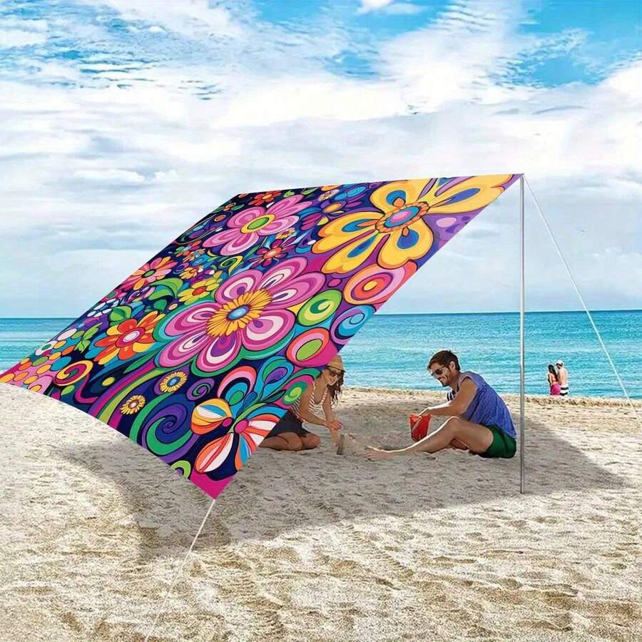 1pc Bohemian Style Floral Pattern Outdoor Sun Shade, Made Of Lightweight Polyester Water-Resistant Fabric, Breathable But Not Waterproof, Suitable For Outdoor Picnic, Beach, Garden, Patio And Beach Canopy, UV Protection (Excluding Frames And Ropes)