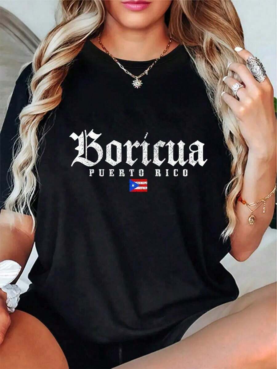 100% Cotton T-Shirt With The Puerto Rico Flag, Vintage Style, Ideal For Daily Leisure Activities. - 黑色 - 查看 1