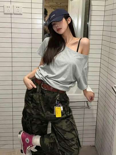 女士时尚夏季简约纯色不对称肩短袖T恤