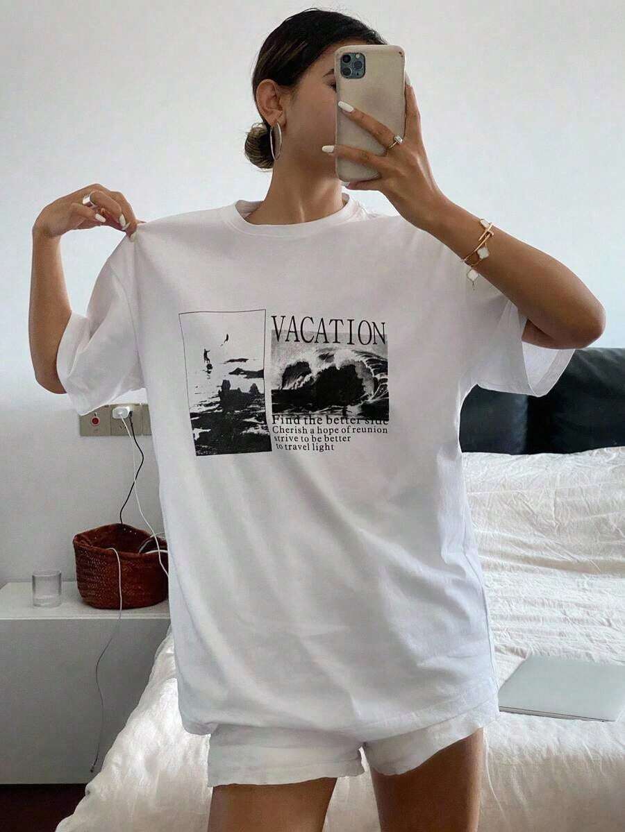 Women's Short-Sleeved, Round-Neck, Loose-Fitting Letter Print Graphic Tee, Oversized Summer Graphic Tee, Preppy Top - 白色 - 查看 1