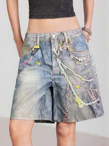 Women's Summer Casual Washed Chain Printed Loose Denim Shorts - Azul - Ver 7